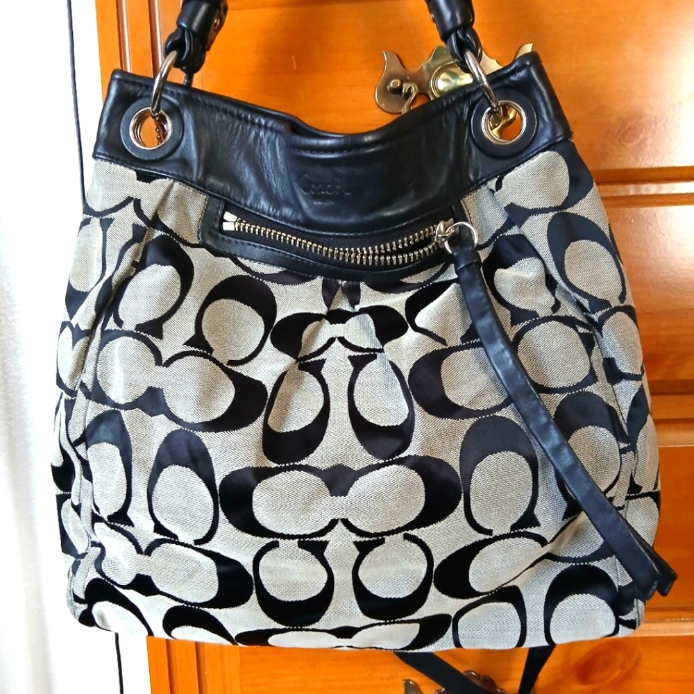 Coach Signature Black and Gray Shoulder Bag with Leather Accents